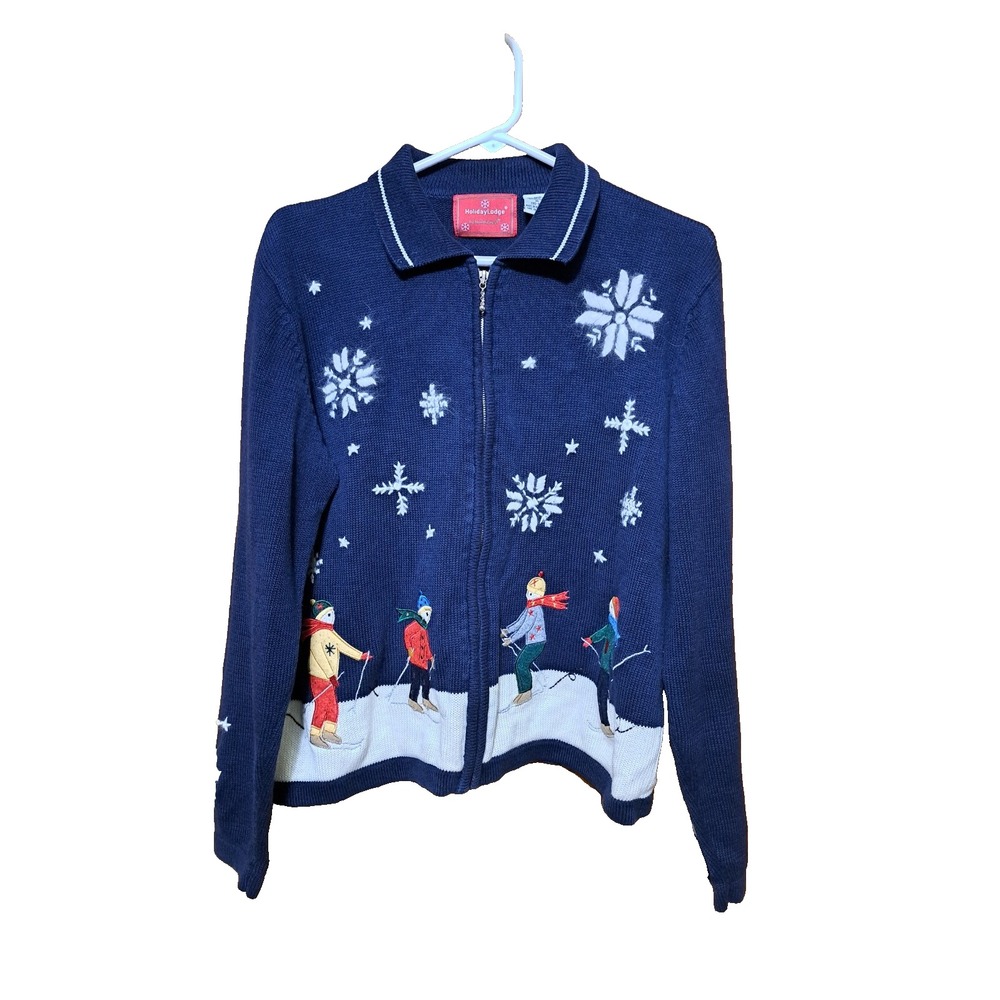 Holiday Lodge Women's M Cardigan Sweater Full Zip Blue Embroidered Ski Winter